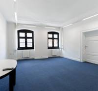 Spacious offices with blue carpet, white walls, and two windows.