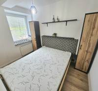 Bedroom in a studio apartment with a bed, cabinet, and decorations on the shelf.