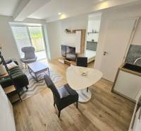 Living area in a studio apartment with a kitchenette and dining table.
