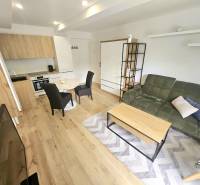 Living room of a one-bedroom apartment with a gray carpet, green sofa, and wooden furniture.