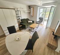 Living room in a studio apartment with a green sofa, dining table, and an armchair by the balcony.