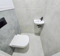 A bathroom in a 3-room apartment with a toilet and a sink, tiled with gray tiles.