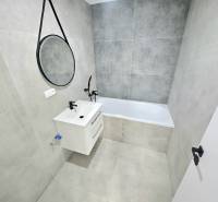 A bathroom in a 3-room apartment with a bathtub, a sink, and a mirror on the wall.