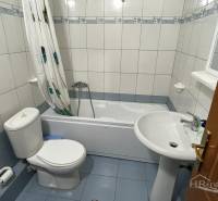 Bathroom in a holiday apartment, with a bathtub, sink, and toilet.