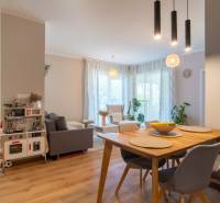 Interior of a family house with a dining table, sofa, and kitchenette for children.
