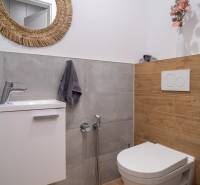 Bathroom in a family house with a sink, mirror, and toilet.