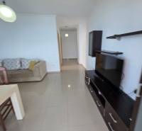 Living room with a sofa, television, and dining table in the Holiday Apartment.