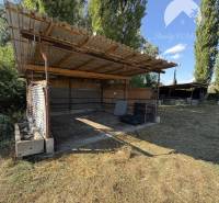 A shelter with a corrugated metal roof surrounded by trees in Marcelová, warehouses and halls.
