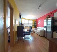 Living room in a two-room apartment with colorful walls and a kitchenette.