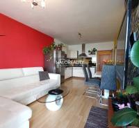 A living room with a white sofa, a glass table, and a colorful wall in a two-room apartment.