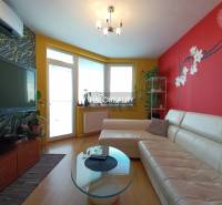 Living room in a two-room apartment with a white sofa, flowers, and a large television.
