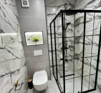 Bathroom of a holiday apartment with a toilet, shower, and marble tiles.