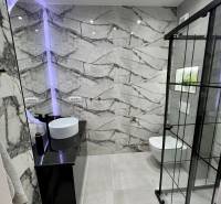 A bathroom in a holiday apartment with a designer sink and a shower.