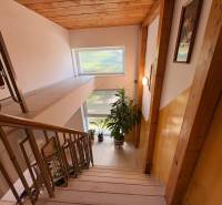 A hallway with a staircase, wooden paneling, and flowers in a family house.