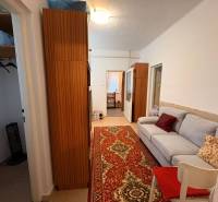 A hallway in a family house with a sofa, a wooden wardrobe, and a red carpet.