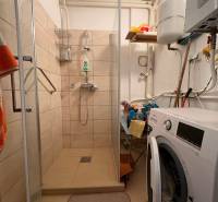 A bathroom with a washing machine and a shower in a family house.