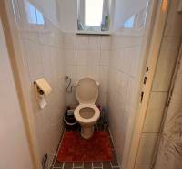 Bathroom of a family house with a toilet, tiles, and a small window.