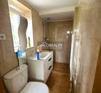 A bathroom in a family house with a shower, toilet, and sink.