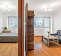2-room apartment with a living room and a bedroom, laminate floors, simple furnishings.