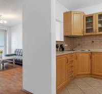 Interior of a 2-room apartment with a bright living room and a kitchen with wooden cabinets.