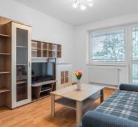 Living room in a two-room apartment with a sofa, TV, table, and windows with a view.