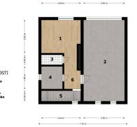Basement floor plan of a family house with a kitchen, garage, toilet, pantry, staircase, and hallway.