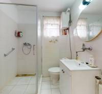 A bathroom with a sink, shower, and toilet in a family house.
