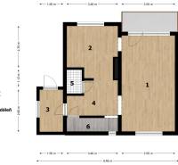 Ground floor plan of a family house with a living room, kitchen, hallway, staircase, and toilet.