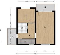 Floor plan of a family house with rooms, hallway, and terrace.
