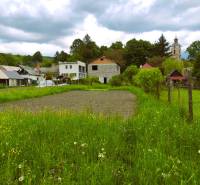 Green plots with family houses in Čelovce, with a church tower in the background.