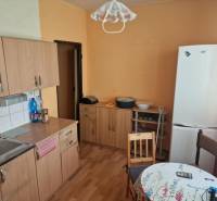Kitchen in a studio apartment with wooden cabinets, a table, and a refrigerator.