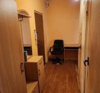 A narrow hallway in a one-room apartment with wooden furniture and a chair.