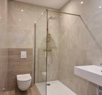 Bathroom in a 4-room apartment with a shower, toilet, and sink, light tiles.