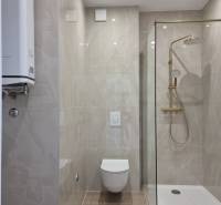 Bathroom in a 4-room apartment with a toilet, shower, and smooth tiles.
