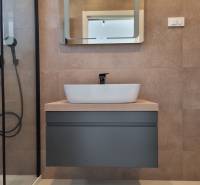 A bathroom in a 4-room apartment with a modern sink and a shower.