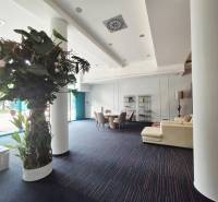 Interior of a commercial space with a sofa, table, and decorative plant stand.