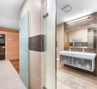 A bathroom in a family house with a Finnish sauna, two sinks, and a shower.