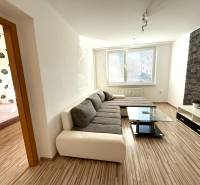Living room in a two-room apartment with modern seating and a decorative wall.