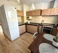 A kitchen in a 2-room apartment with wooden furniture, a white refrigerator, and a dining table.