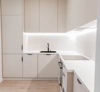 A kitchen in a 2-room apartment with light cabinets and lighting above the countertop.