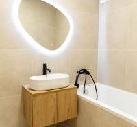A bathroom in a 2-room apartment with an oval mirror and a bathtub.