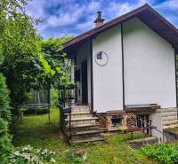 A cottage in Mojš surrounded by greenery, stairs leading to the entrance, a trampoline in the garden.