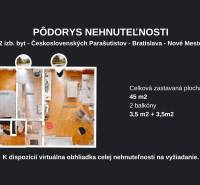Floor plan of a 2-room apartment on Československých parašutistov, Bratislava - Nové Mesto, 45 m², 2 balconies.