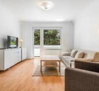 Living room in a two-room apartment with a comfortable sofa, table, and television, wooden decor flooring.