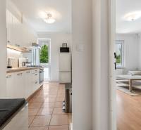 The kitchen with white cabinets transitions into the living area with wood-patterned flooring.