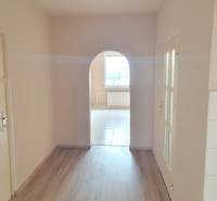 A corridor with an arched passage and flooring in a 3-room apartment.