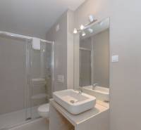 Bathroom of a holiday apartment with a sink, mirror, and shower.