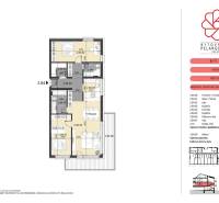 Floor plan of a 3-room apartment in Zálesie on Muškátová Street with detailed dimensions of the rooms.
