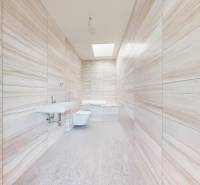 A bathroom with wooden paneling, a sink, and a toilet in a family house.
