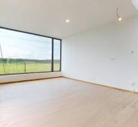 A spacious room with large windows and a view of nature in a family house.